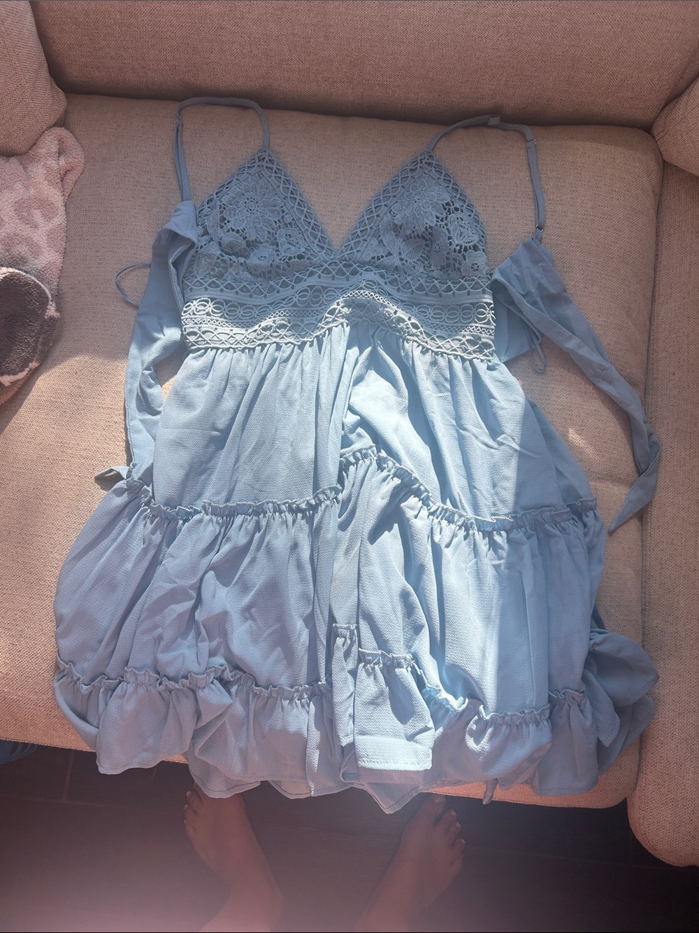Pink Lily Light Blue Lace-Trim Tiered Chemise